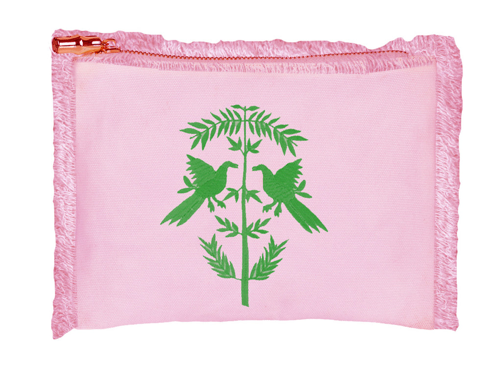 Pink Fringe Cosmetic Bag - Green Birds