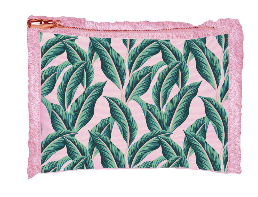 Pink Fringe Cosmetic Bag - Palm Leaf