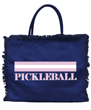 Linen Fringe Tote (Navy) - Pickleball Stripe